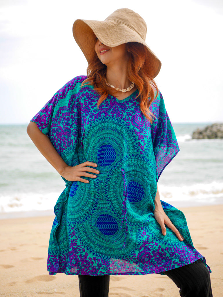 Purple Turquoise Mandala Floral Kaftan Blouse Tunic