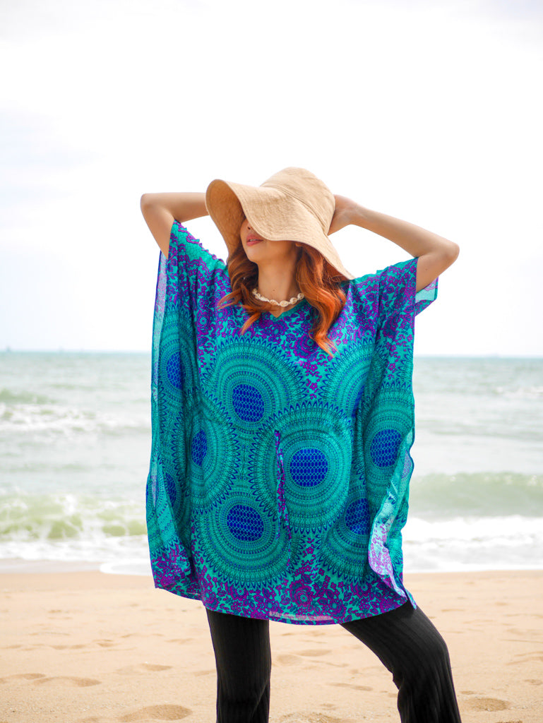 Purple Turquoise Mandala Floral Kaftan Blouse Tunic