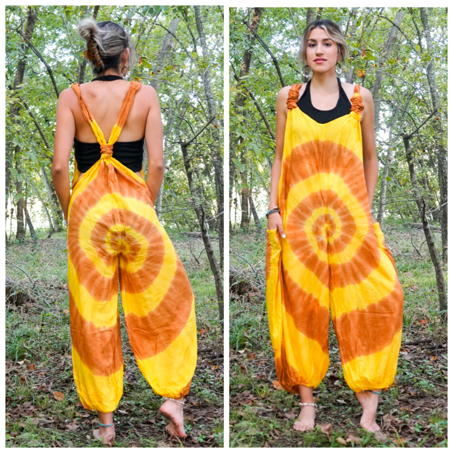 Yellow and Brown Hand Dyed Hippie Racerback Dungarees Jumpsuit Romper