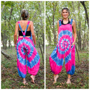 Pink and Blue Hand Dyed Hippie Racerback Dungarees Jumpsuit Romper