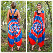 Red White and Blue Hand Dyed Hippie Racerback Dungarees Jumpsuit Romper