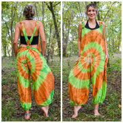 Green and Orange Hand Dyed Hippie Racerback Dungarees Jumpsuit Romper