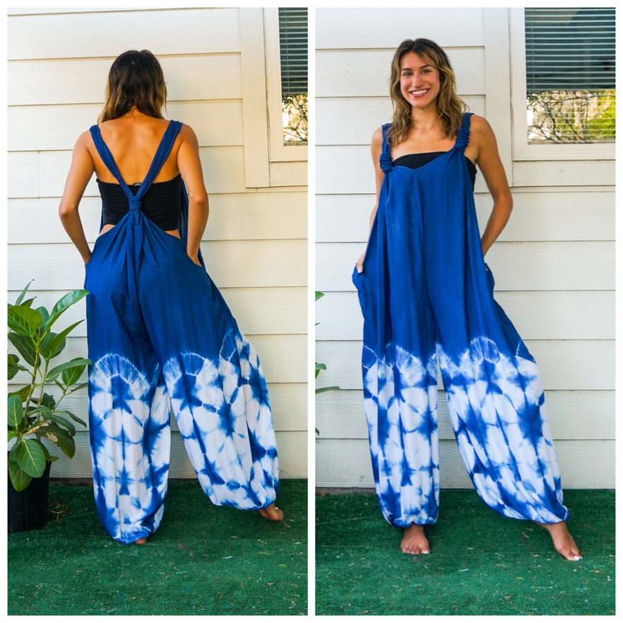 J302- Shibori Blue Hand Dyed Hippie Racerback Dungarees Jumpsuit Romper