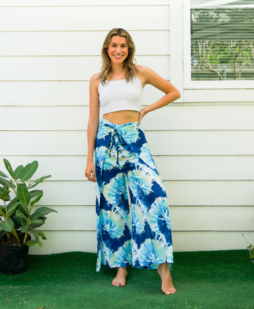 Ocean Blue Spiral Palazzo Wrap Pants