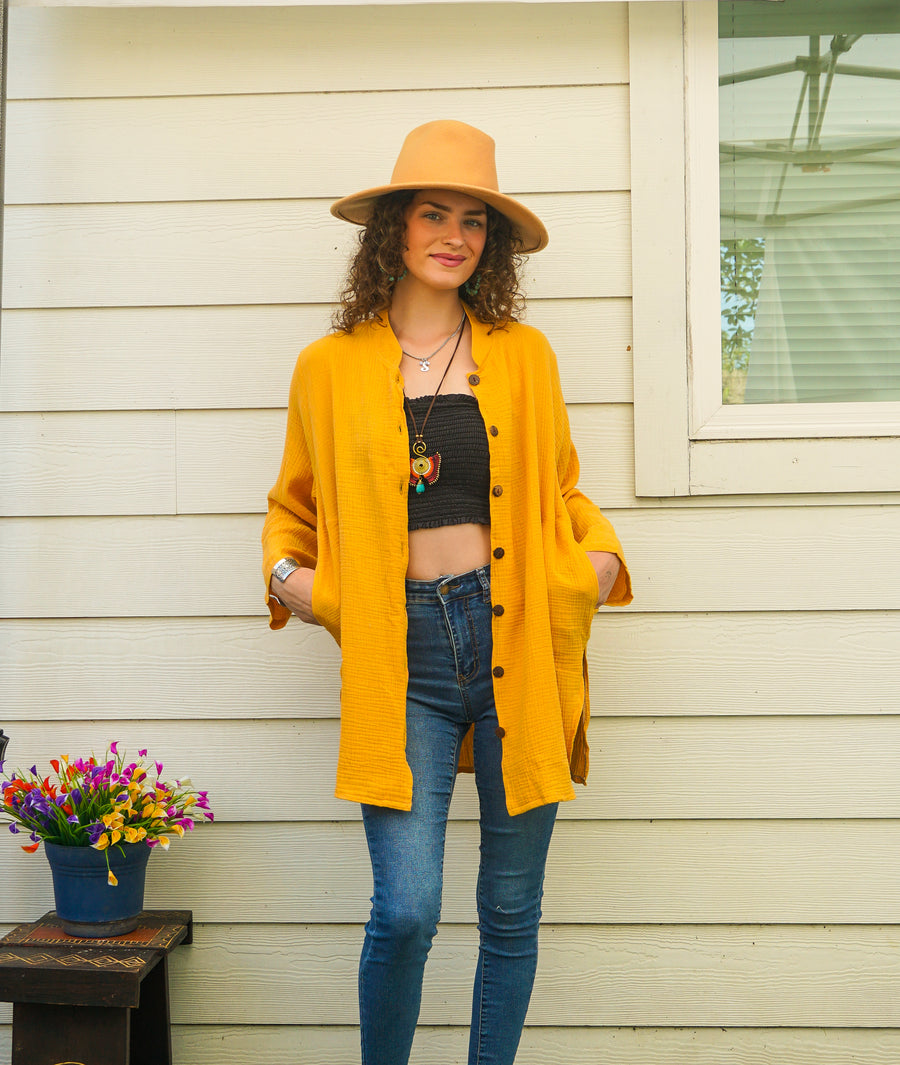 Mustard Yellow Organic Double Gauze Cotton Shirtdress with Pockets