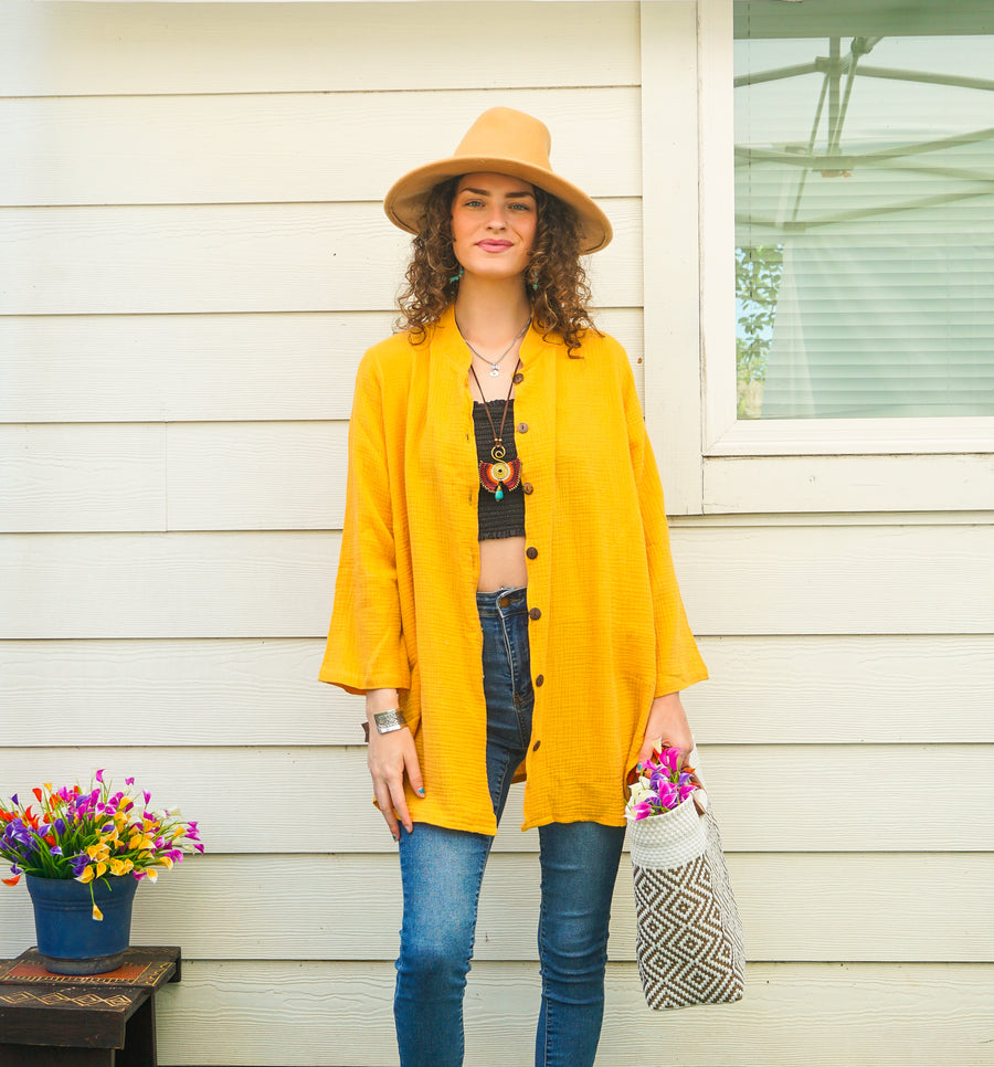 Mustard Yellow Organic Double Gauze Cotton Shirtdress with Pockets