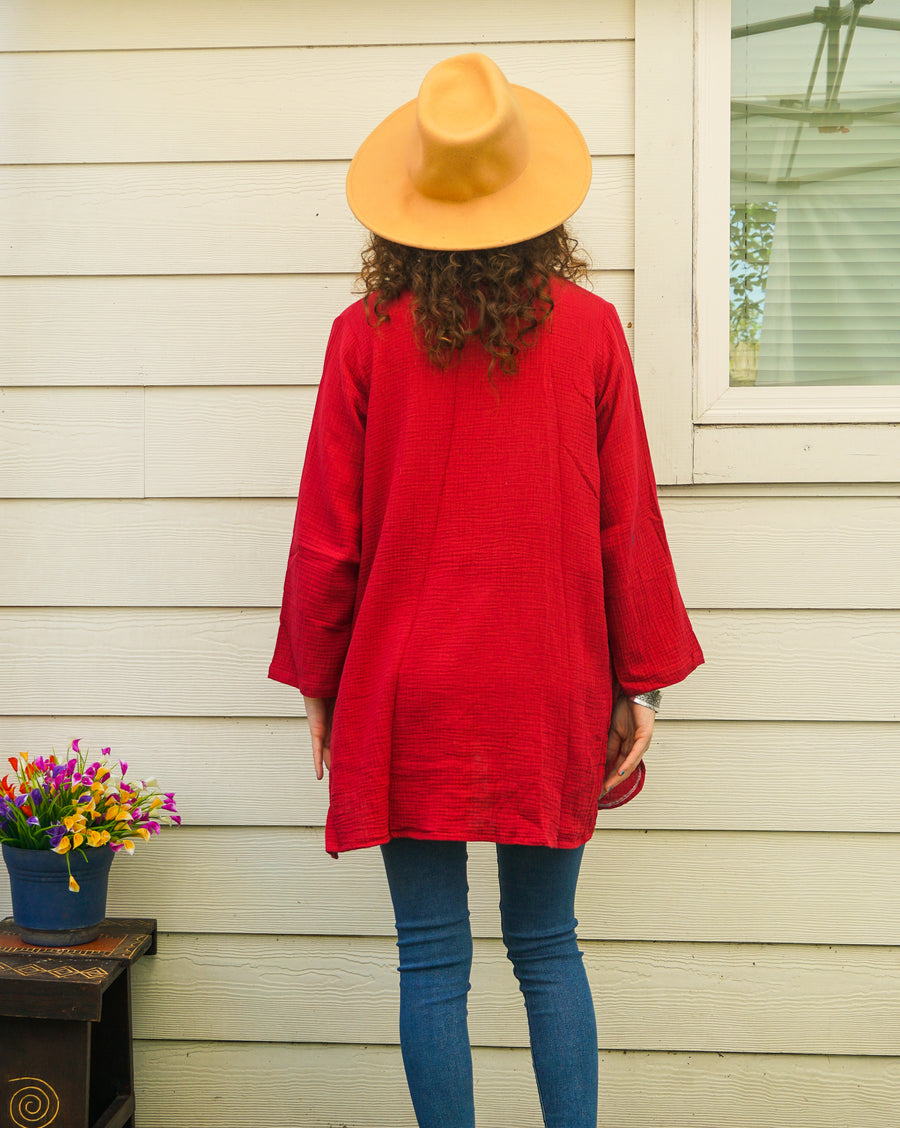 Burgundy Organic Double Gauze Crinkled Cotton Boho Minimalist Shirtdress with Pockets