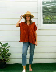 Rust Raw Natural Crinkled Cotton Gauze Blouse