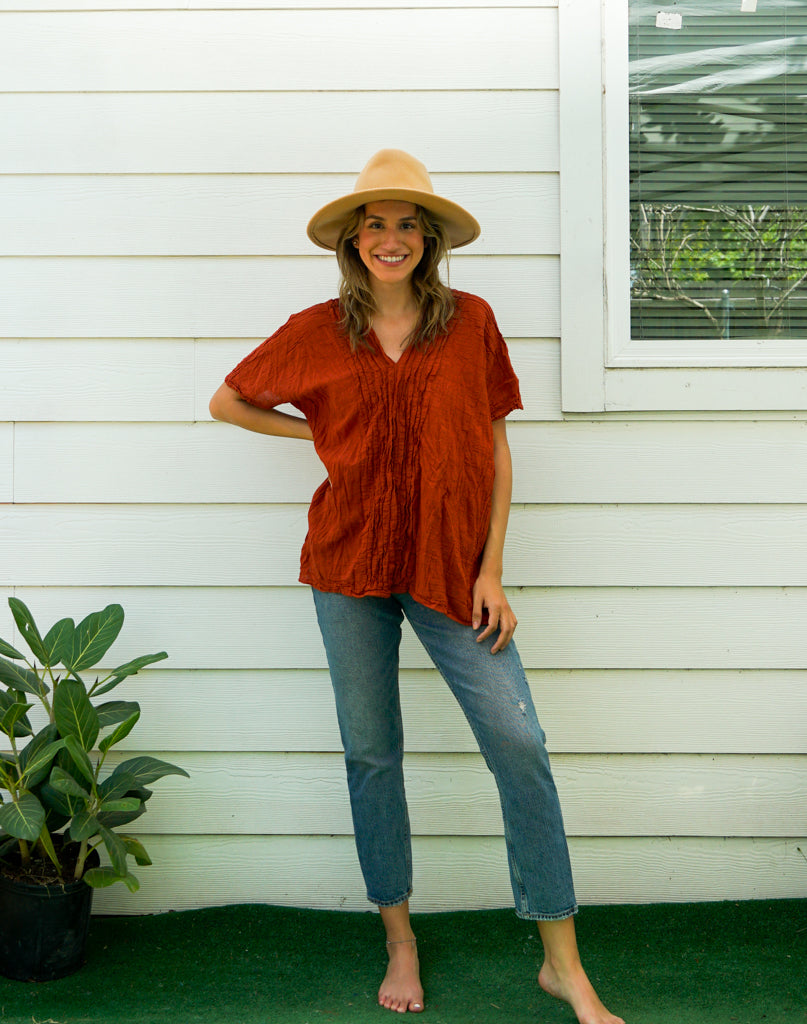 Rust Raw Natural Crinkled Cotton Gauze Blouse