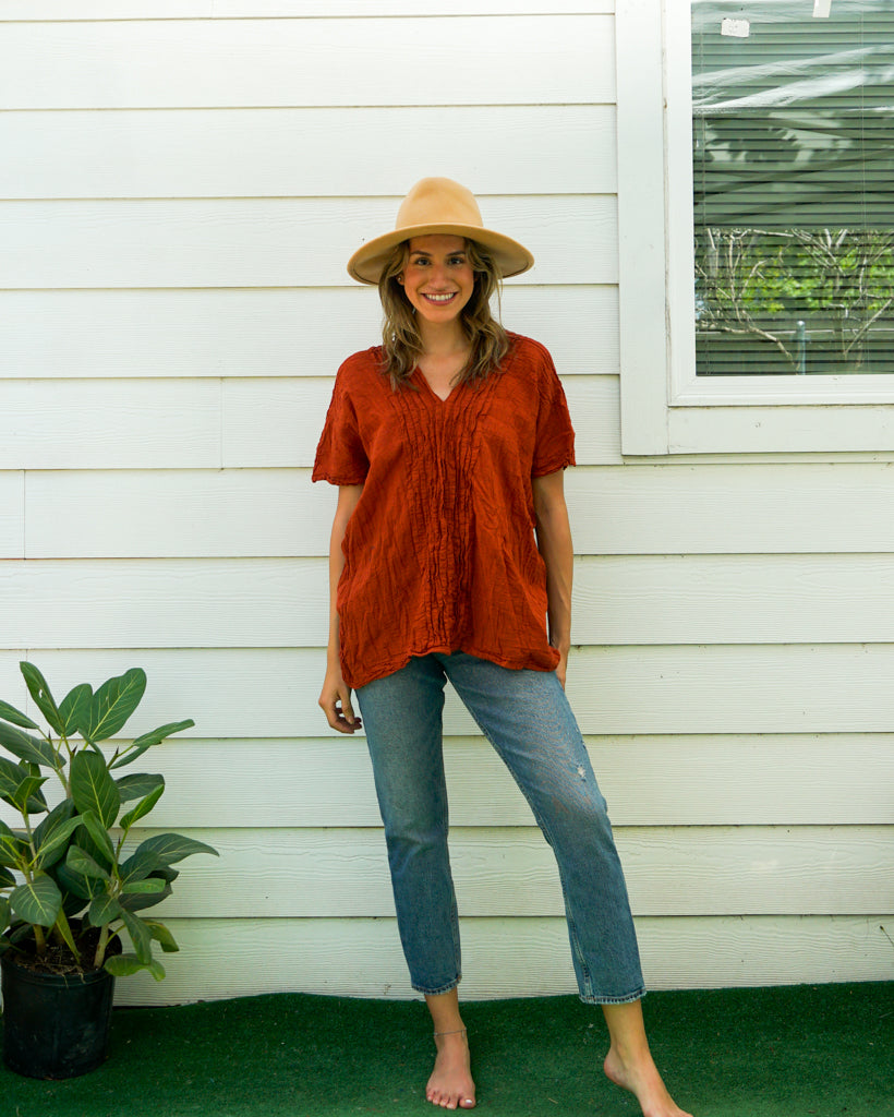 Rust Raw Natural Crinkled Cotton Gauze Blouse