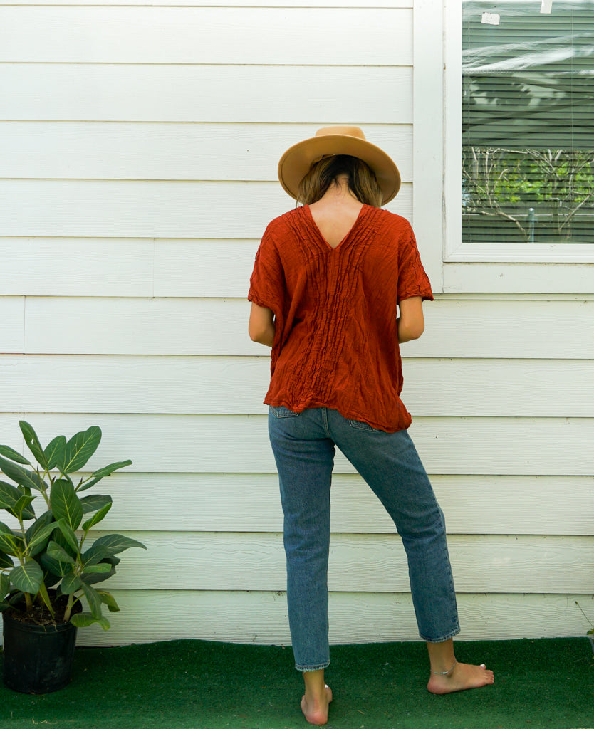 Rust Raw Natural Crinkled Cotton Gauze Blouse