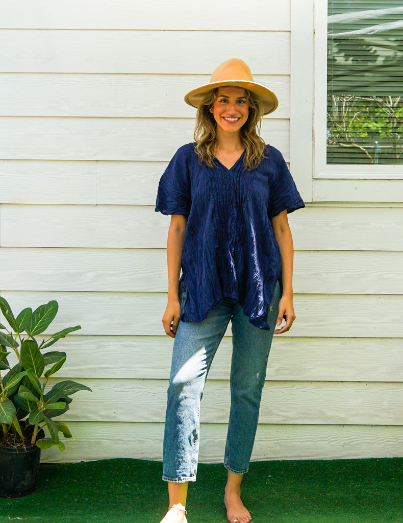 Indigo Raw Natural Crinkled Cotton Gauze Blouse