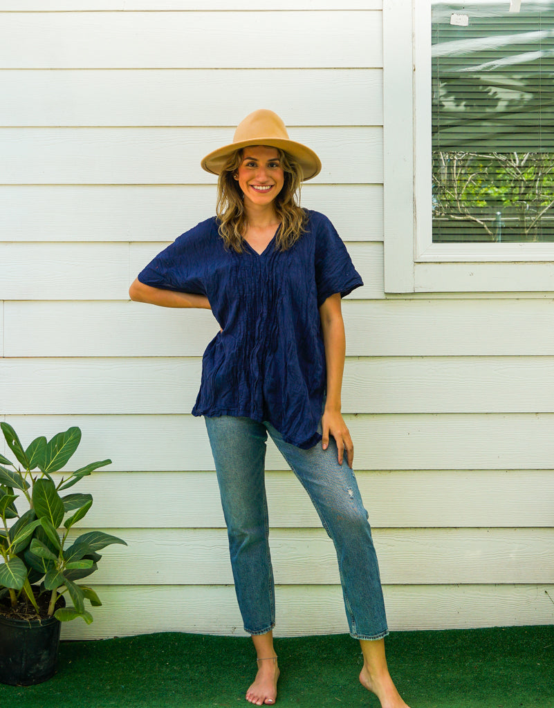 Indigo Raw Natural Crinkled Cotton Gauze Blouse