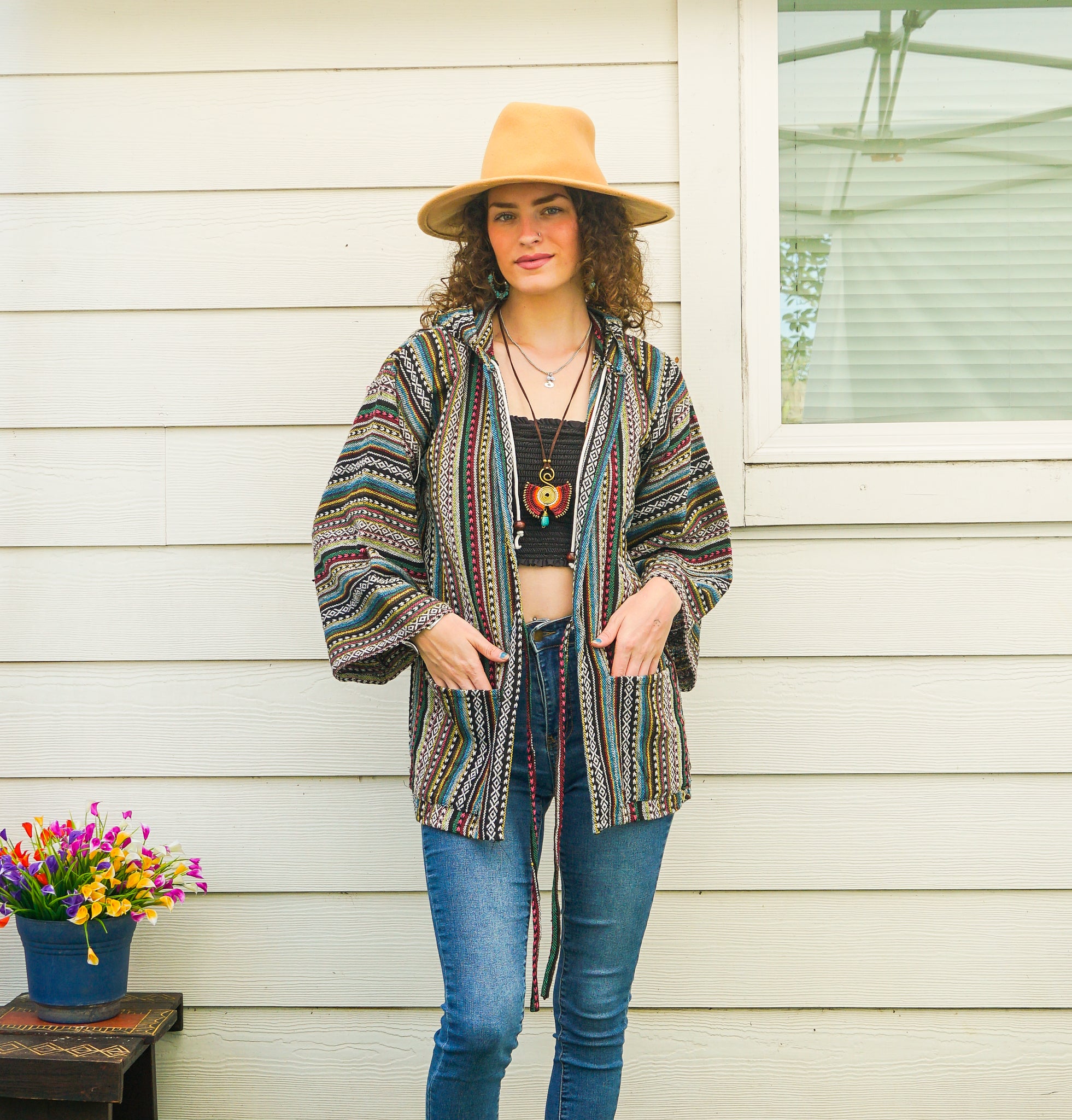 Artisan Woven Cover Up Hooded Jacket Cardigan with Pockets