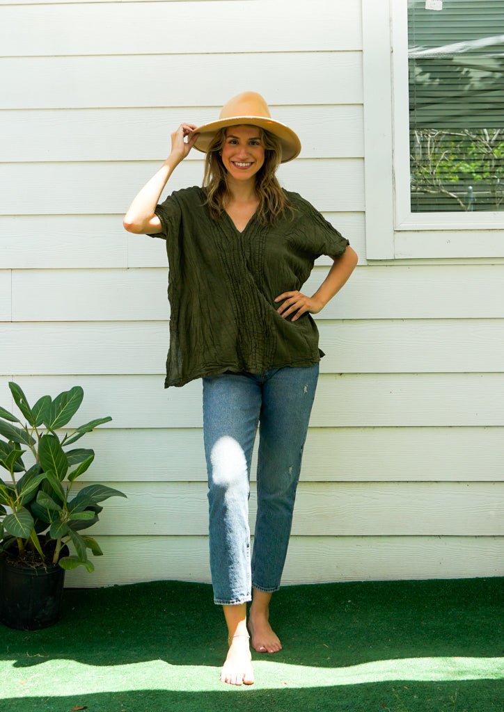 Olive Green Raw Natural Crinkled Cotton Gauze Blouse