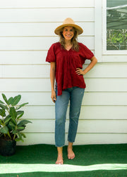 Burgundy Raw Natural Crinkled Cotton Gauze Blouse