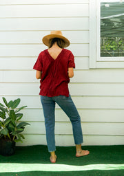 Burgundy Raw Natural Crinkled Cotton Gauze Blouse