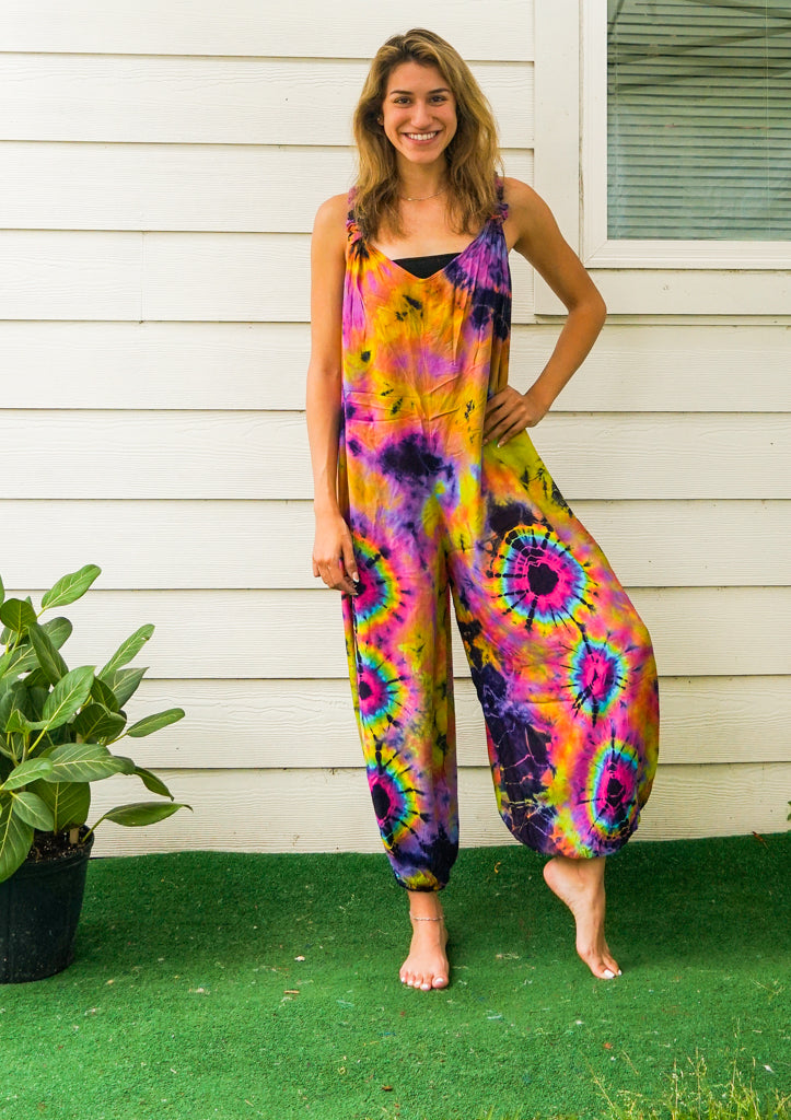 Fun Summer Hand Dyed Hippie Racerback Dungarees Jumpsuit Romper