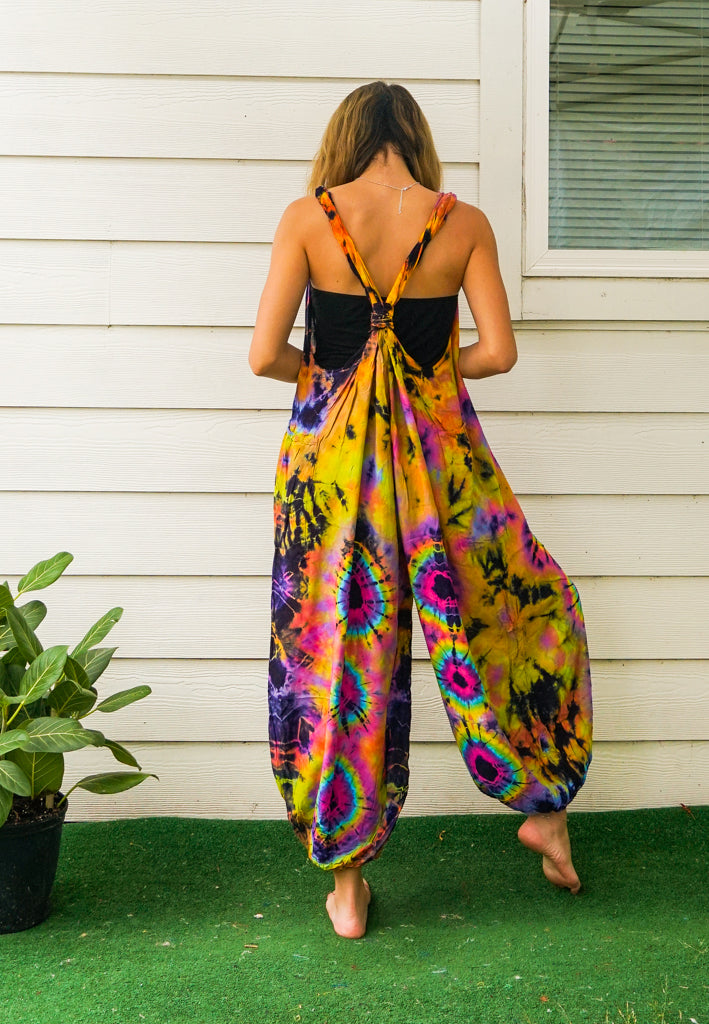 Fun Summer Hand Dyed Hippie Racerback Dungarees Jumpsuit Romper