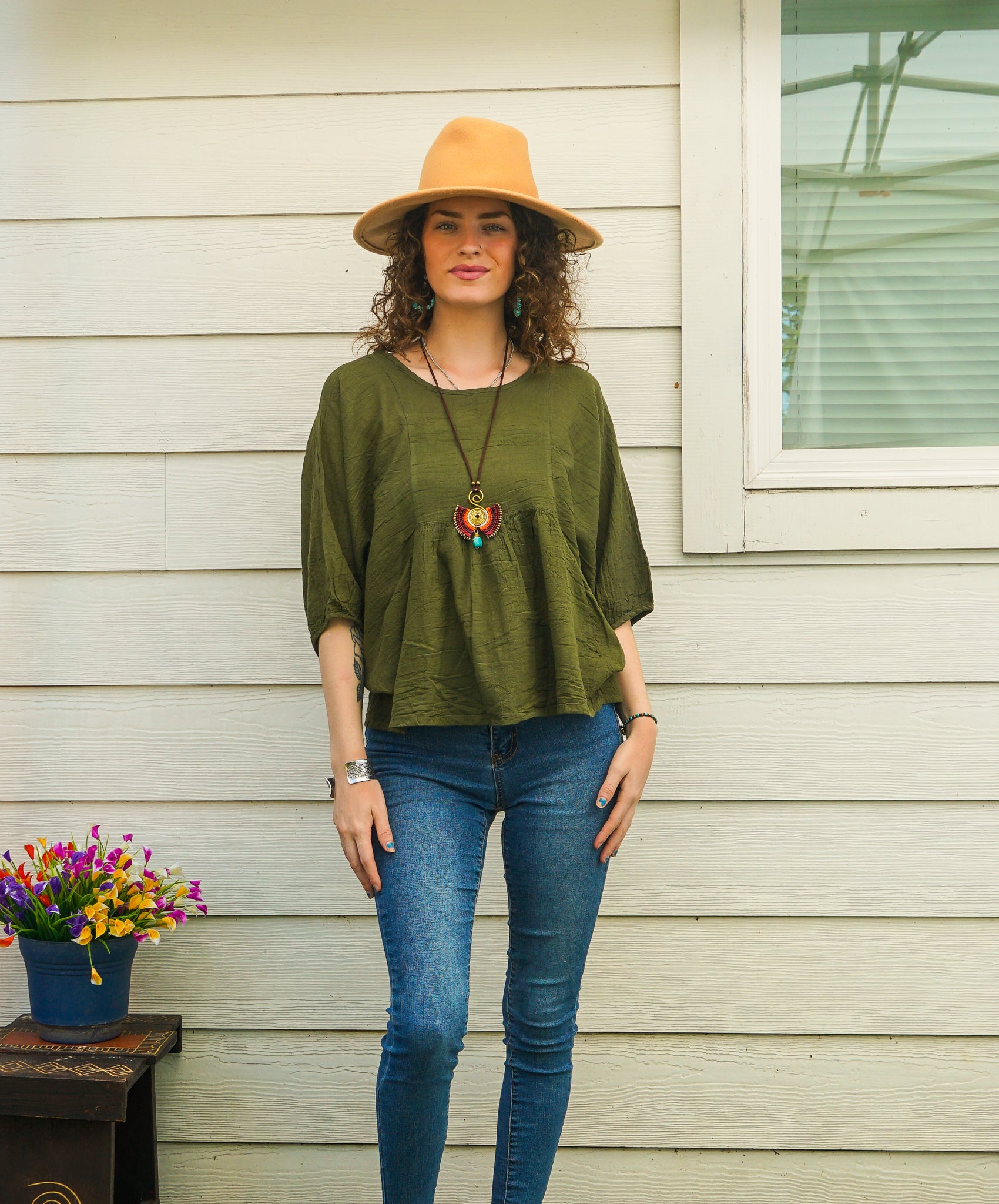 Olive Green Raw Natural Cotton Gauze Boho Minimalist Blouse
