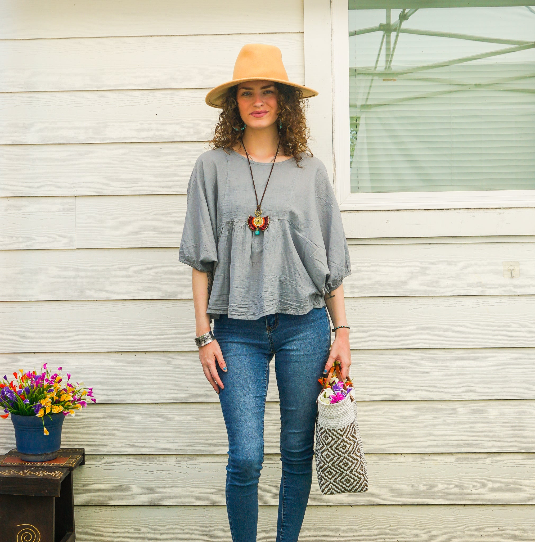Light Gray Raw Natural Cotton Gauze Boho Minimalist Blouse