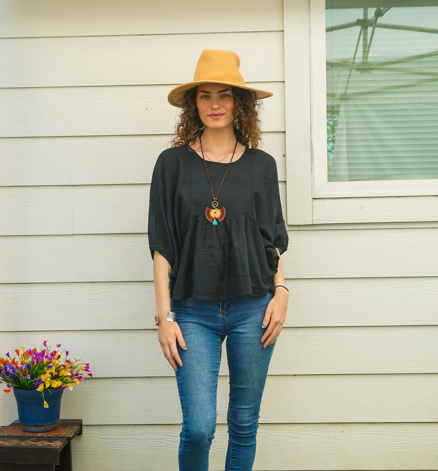 Black Raw Natural Cotton Gauze Boho Minimalist Blouse