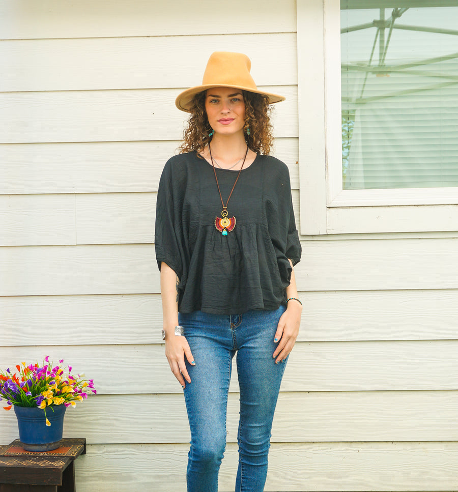 Black Raw Natural Cotton Gauze Boho Minimalist Blouse