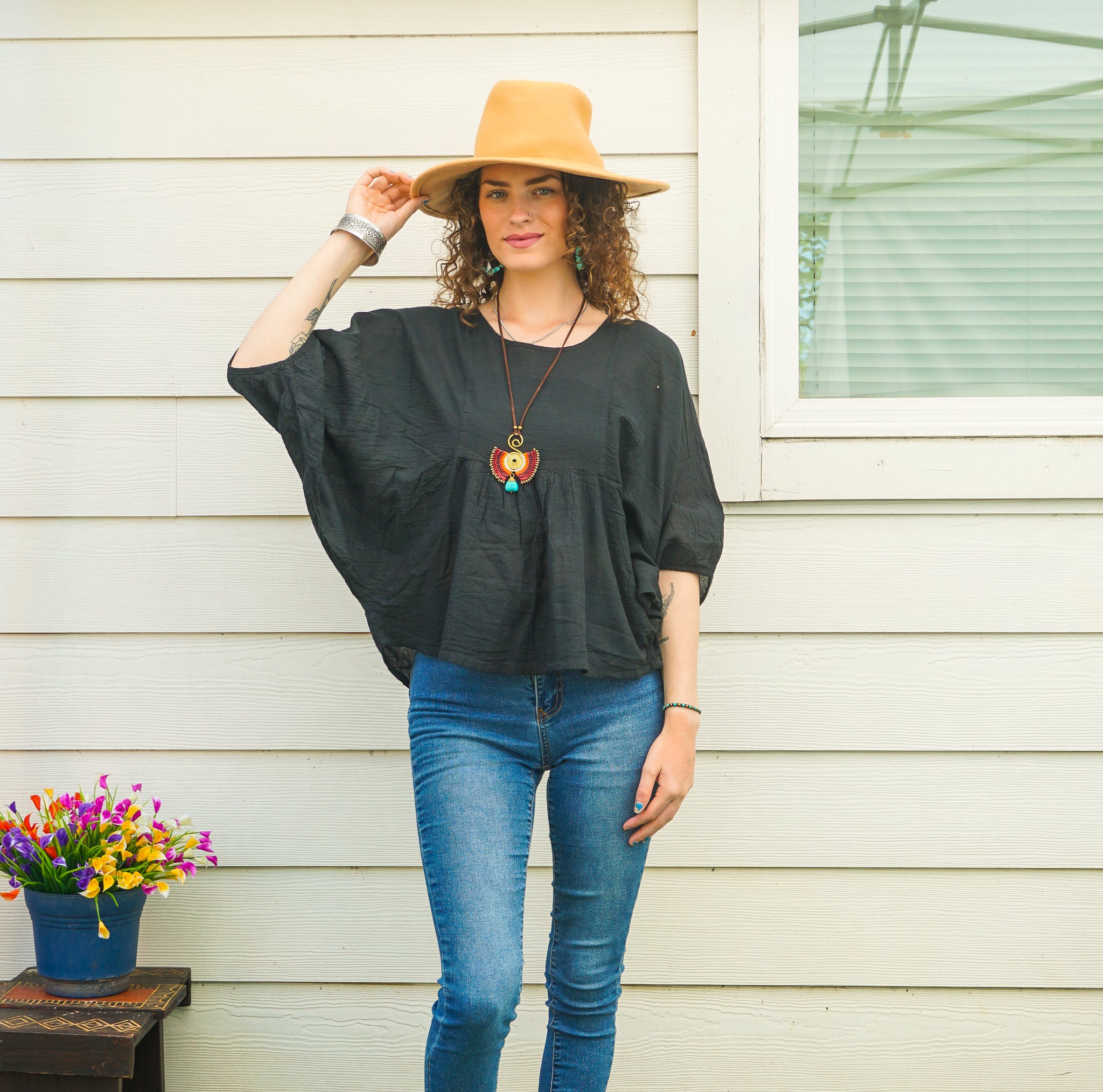 Black Raw Natural Cotton Gauze Boho Minimalist Blouse