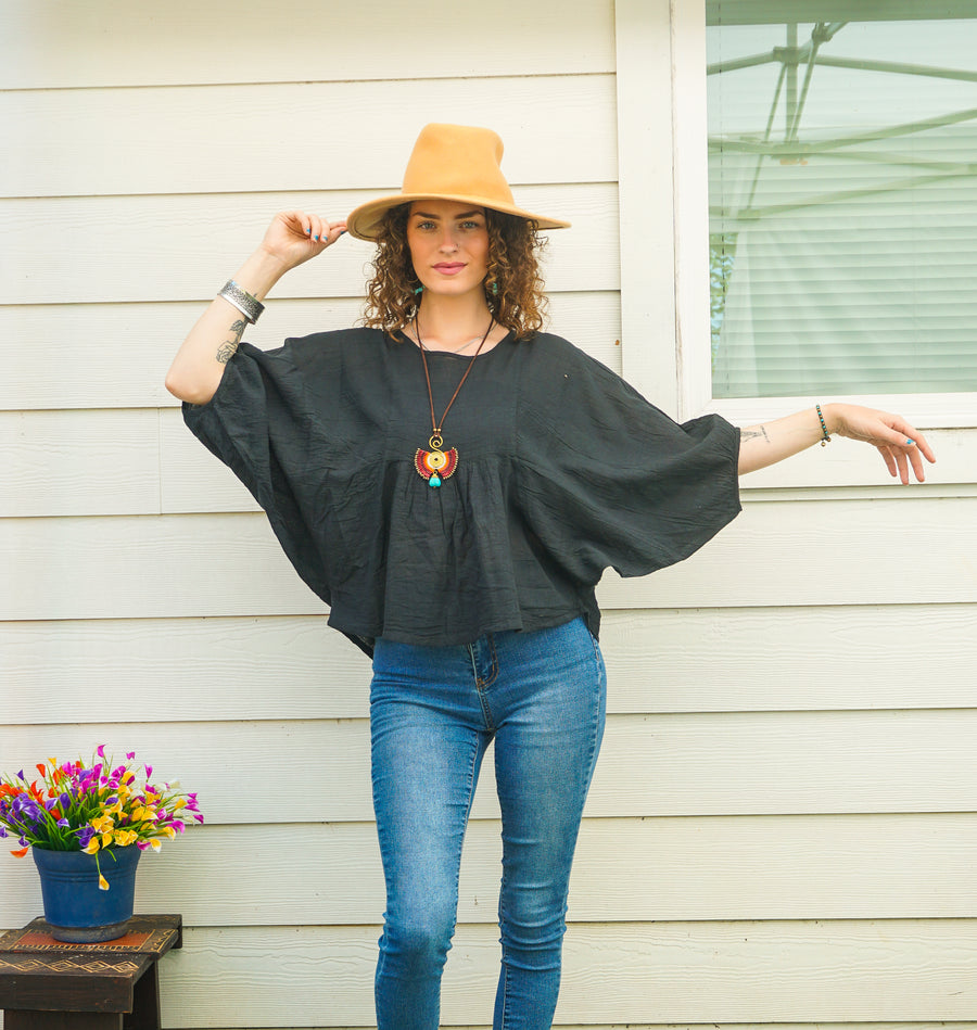 Black Raw Natural Cotton Gauze Boho Minimalist Blouse