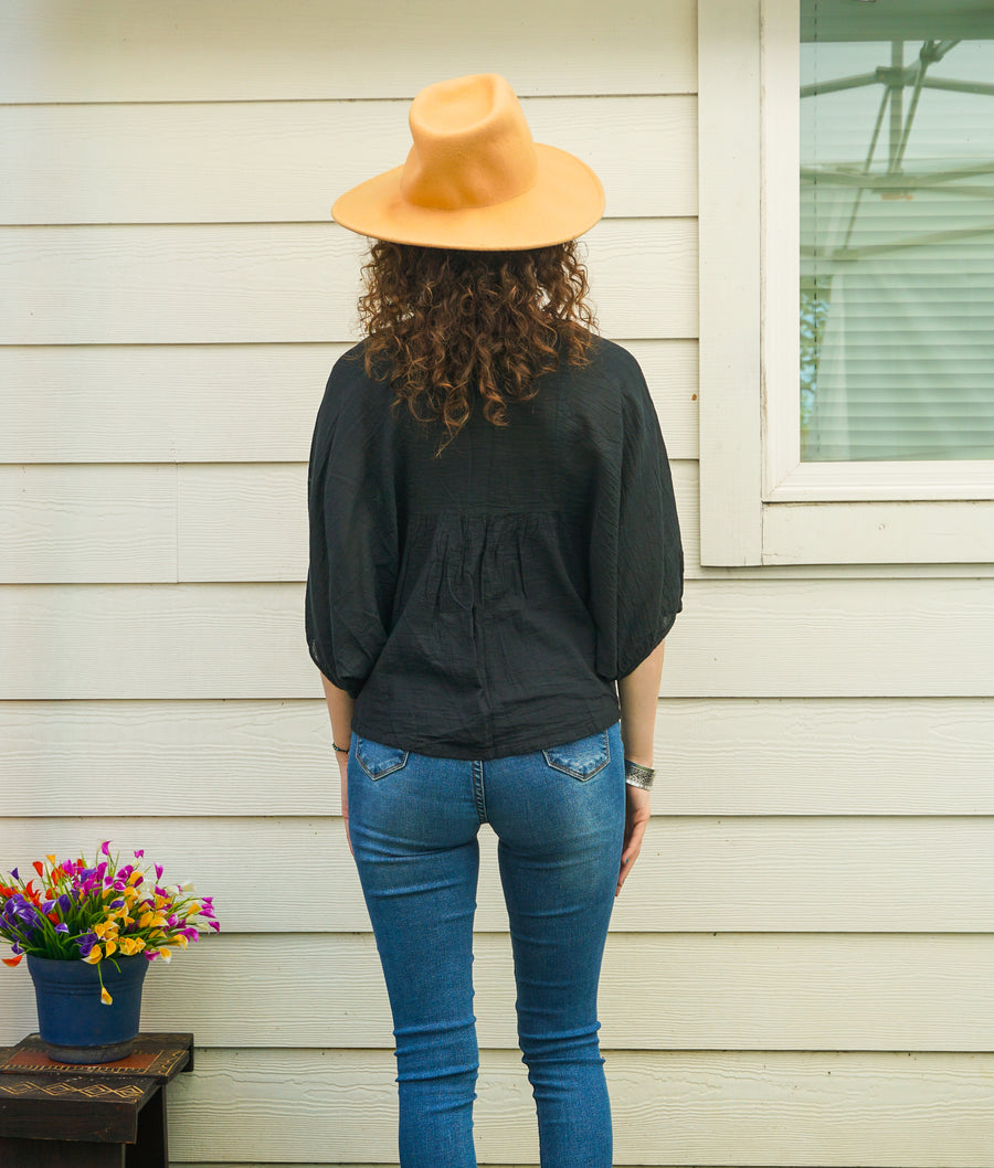 Black Raw Natural Cotton Gauze Boho Minimalist Blouse