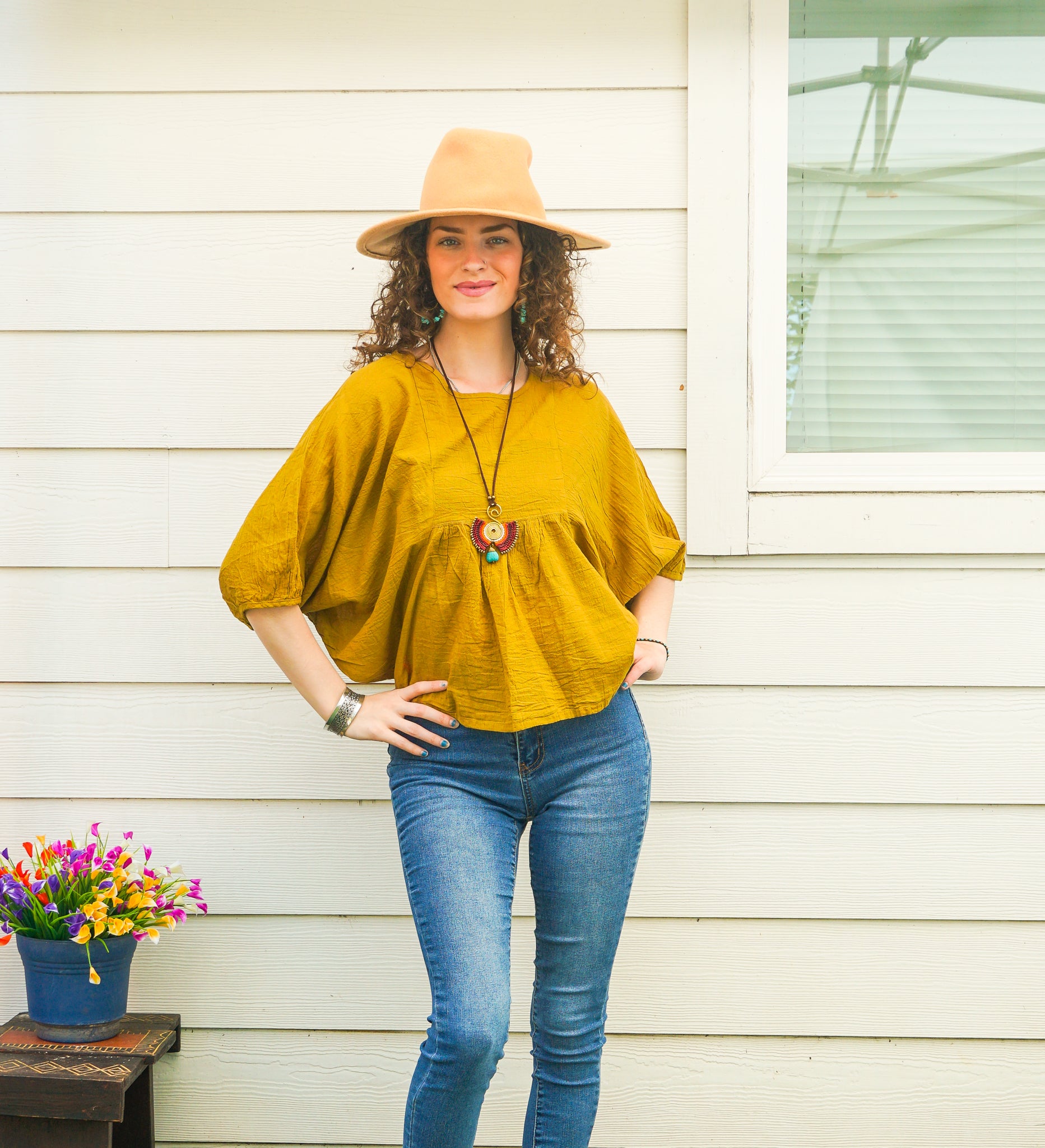 Mustard Yellow Raw Natural Cotton Gauze Boho Minimalist Blouse