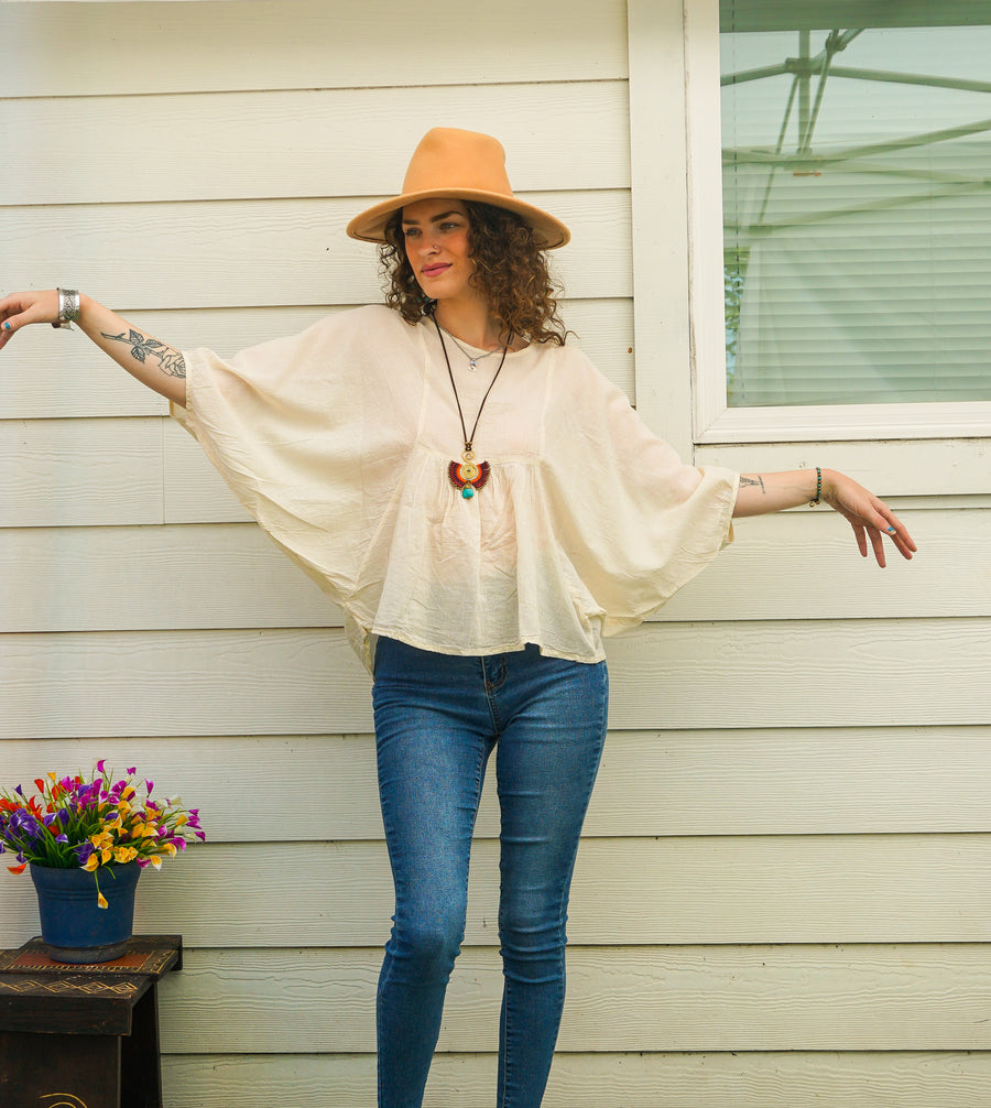Ivory Raw Natural Cotton Gauze Boho Minimalist Blouse