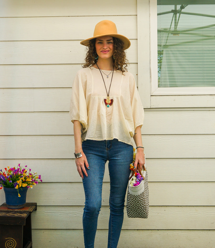 Ivory Raw Natural Cotton Gauze Boho Minimalist Blouse