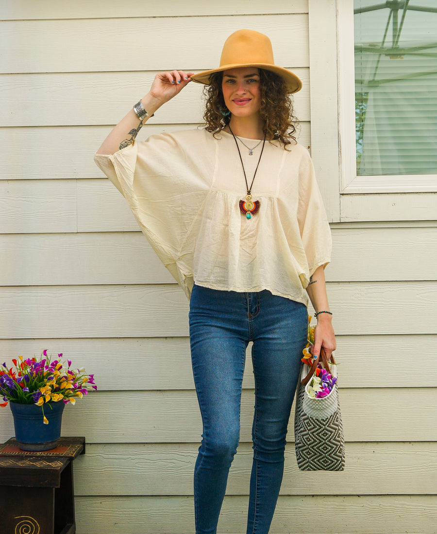 Ivory Raw Natural Cotton Gauze Boho Minimalist Blouse