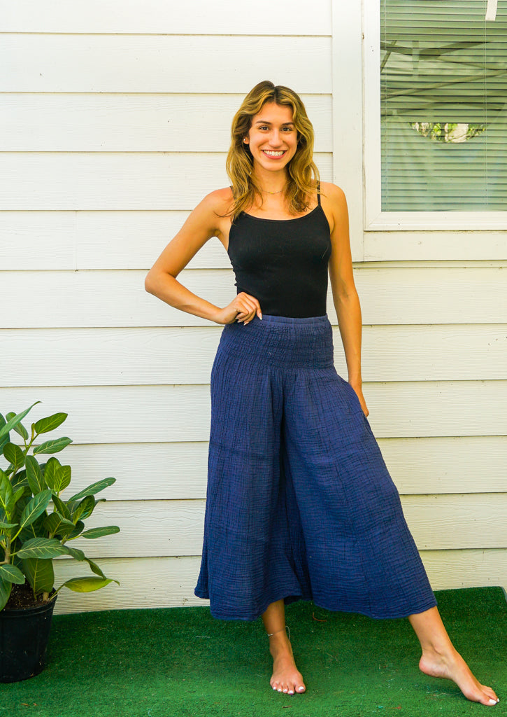 Blue Double Gauze Wide Legs Palazzo Pants