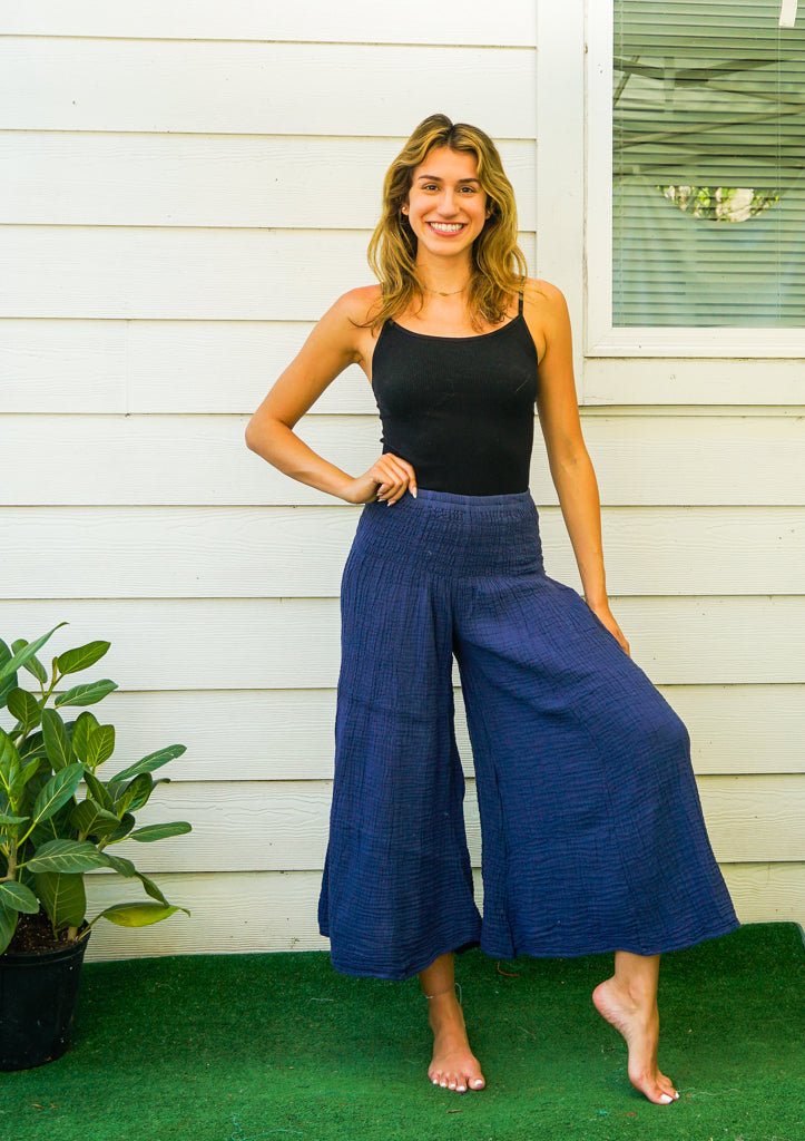 Blue Double Gauze Wide Legs Palazzo Pants