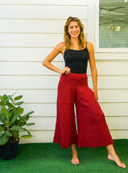 Burgundy Double Gauze Wide Legs Palazzo Pants