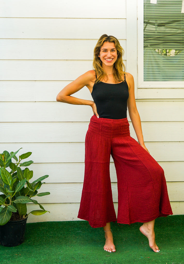 Burgundy Double Gauze Wide Legs Palazzo Pants