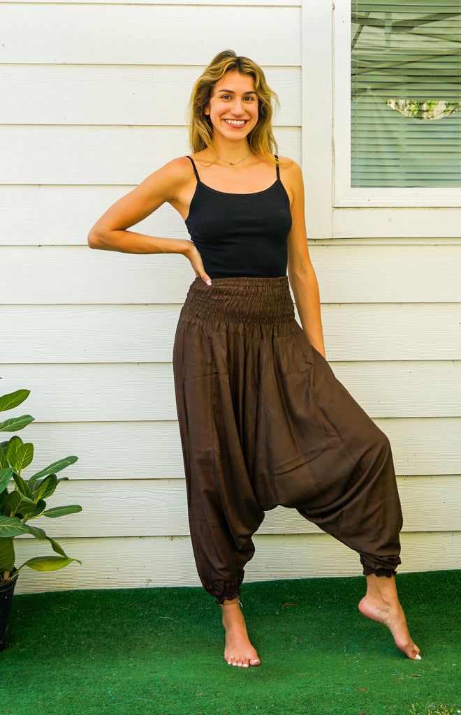 Solid Brown Low Cut Harem Pants