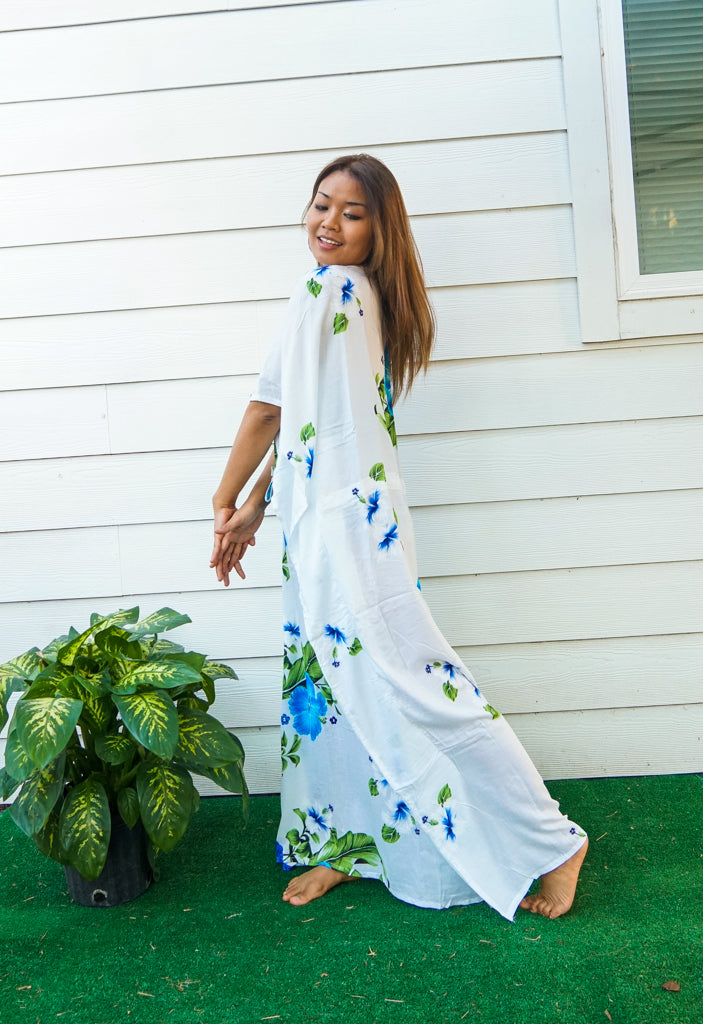 Blue White Hibiscus Kaftan