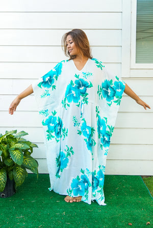 Teal White Hibiscus Kaftan