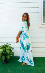 Teal and White Hibiscus Kaftan