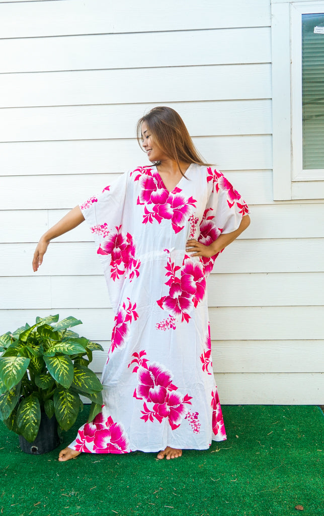 Pink White Hibiscus Kaftan