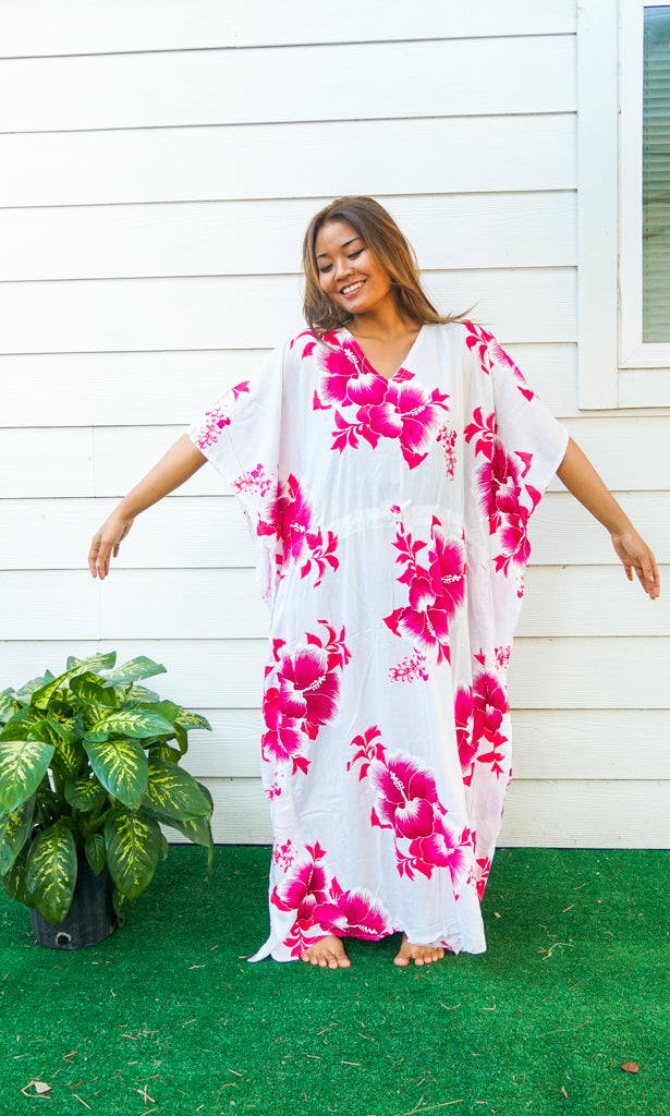 Pink White Hibiscus Kaftan