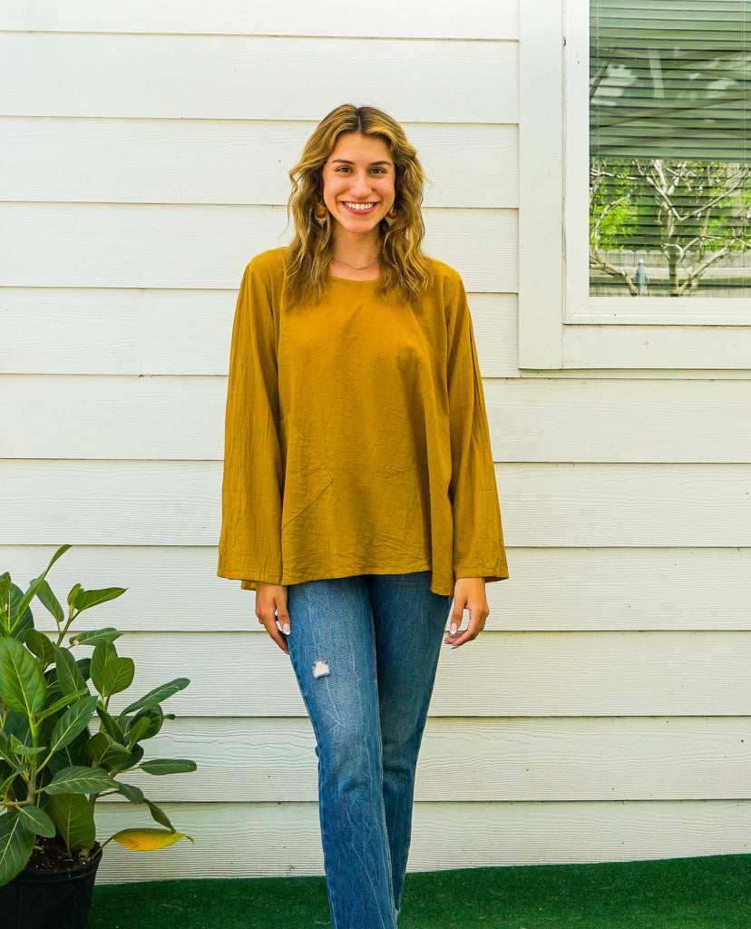 Mustard Yellow Cotton Gauze Long Sleeve Blouse with Pocket