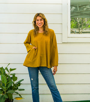 Mustard Yellow Cotton Gauze Long Sleeve Blouse with Pocket