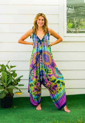 J5- Hand Dyed Wide Leg Boho Hippie Jumpsuits Rompers Pants with Pockets