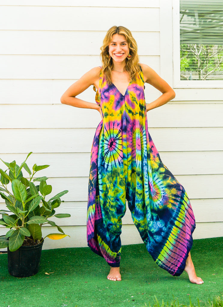 J11- Hand Dyed Wide Leg Boho Hippie Jumpsuits Rompers Pants