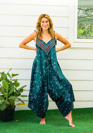 Teal Peacock Feather Jumpsuit