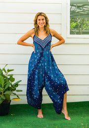 Indigo Peacock Feather Boho Jumpsuit